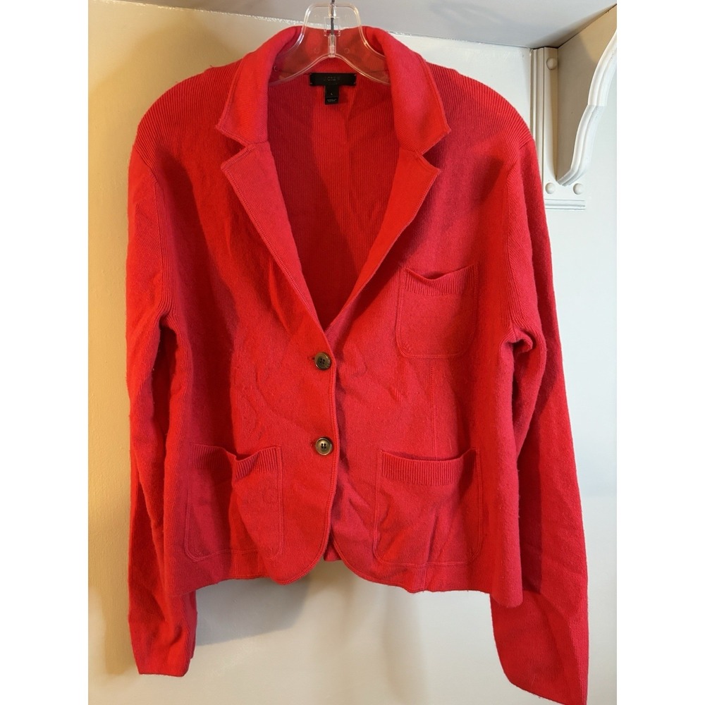 J CREW Red Wool Blend Sweater Jacket L‎ Christmas Office